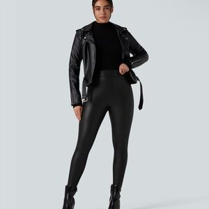 HALARA High Waisted Stretchy PU Fleece Casual Leggings with Pockets